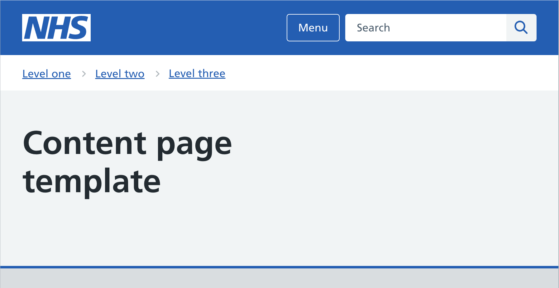 Screenshot of content page template from the NHS design system. It includes navigation and search in the header and a breadcrumbs component.